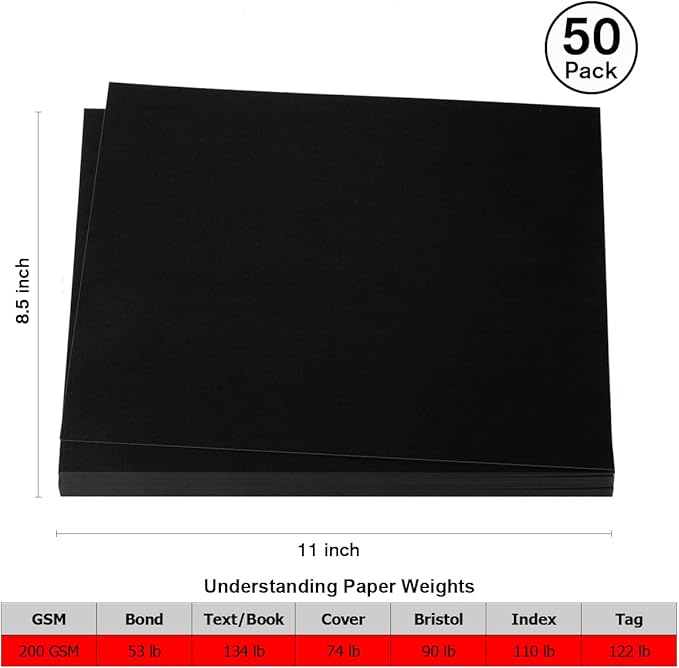 50 Pieces 8.5" x 11" Black Cardstock, Heavyweight Cardstock Sheets Blank Invitation Paper Greeting Cards Printable, 74lb Cover 200 GSM