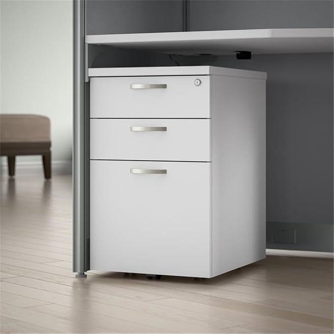 Bush Business Furniture Office in an Hour 3 Drawer Rolling File Cabinet in Pure White | Mobile Under Desk Drawers for Letter, Legal, and A4-Size Document Storage