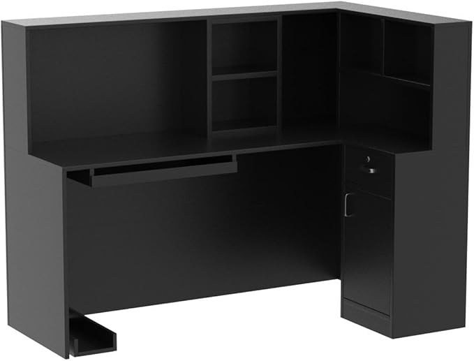 Homsee Reception Desk L-Shaped Office Desk with Counter, 1 Door Storage Cabinet, 1 Lockable Drawer, Hutch Shelf and Keyboard Tray, Black