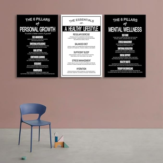 The 6 Pillars of Personal Growth, Mental Wellness & Healthy Lifestyle Wall Art - 3 Piece Motivational Posters-Minimalist Black & White Decor for Office- Self Care & Mental Health Prints [72''Wx 36''H]