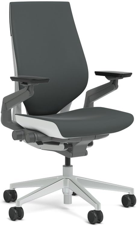 Steelcase Gesture Task Chair: Wrapped Back - Platinum Metallic Frame/Base/Seagull Accent - Roll Control Hard Floor Casters