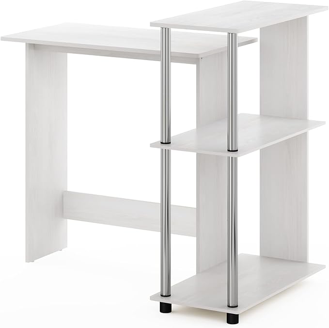 Furinno Abbott Corner Computer Desk with Bookshelf, White Oak/Chrome