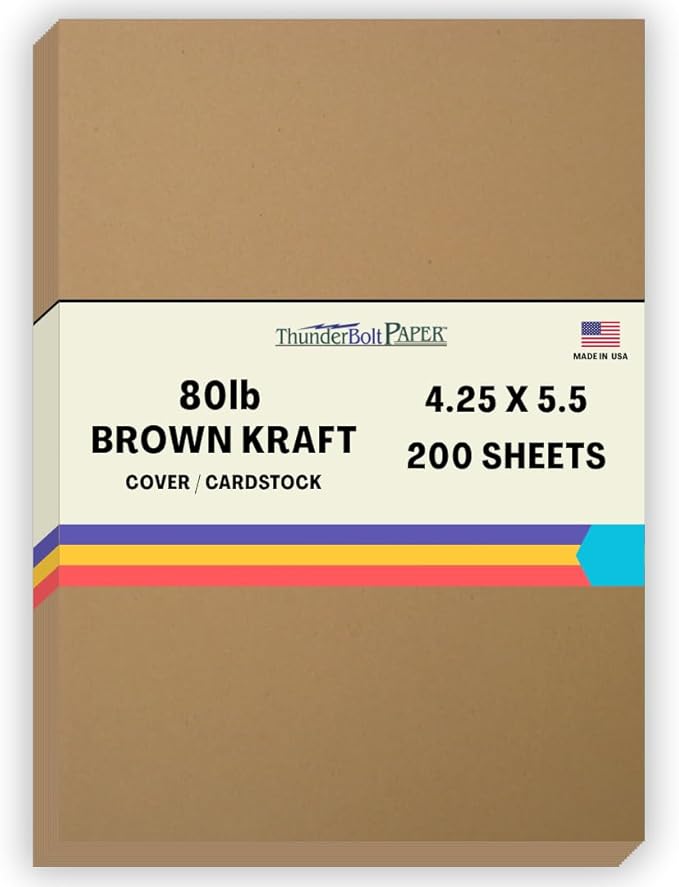 200 Brown Kraft Fiber 80# Cover Paper Sheets - 4.25" X 5.5" (4.25X5.5 Inches) Quarter Letter Size - Rich Earthy Color with Natural Fibers - 80lb/Pound Cardstock - Smooth Finish