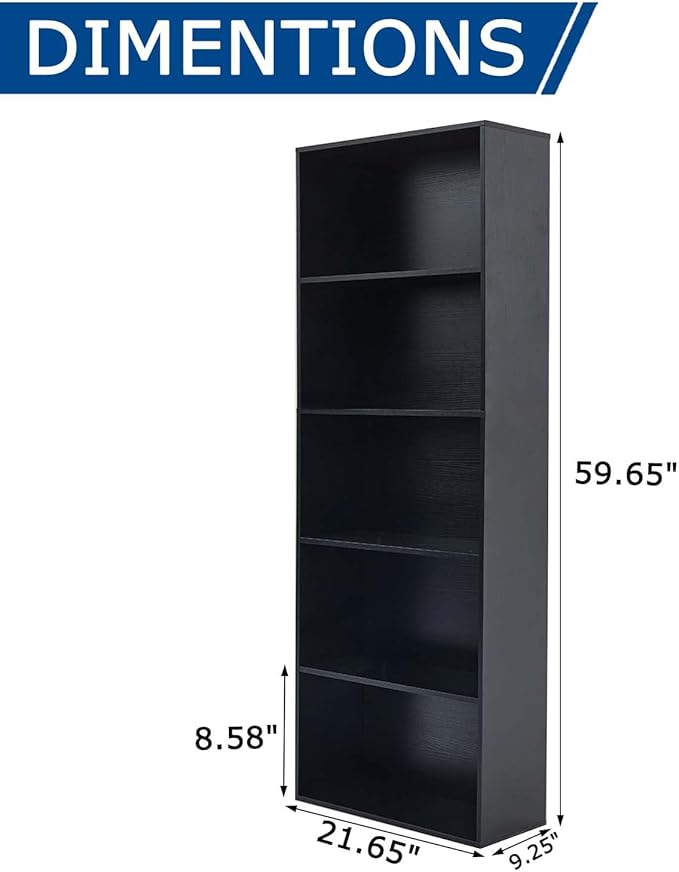 Tall Bookshelves with Cabinet, Office Storage Cabinets and Bookshelf, 5-Tier Wooden Bookcase with Storage, Floor Standing Display Cabinet Shelves for Living Room, Home Office, Black