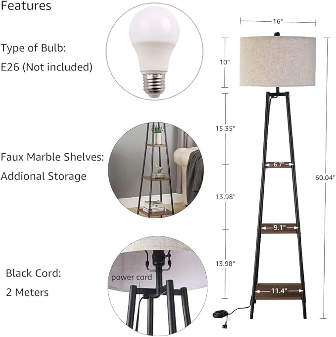 ROSEN GARDEN Floor Lamp, Standing Reading Light with Shelves and Fabric Shade, Modern Tall Pole Lamp, Accent Furniture Décor Lighting for Living Room, Bedrooms