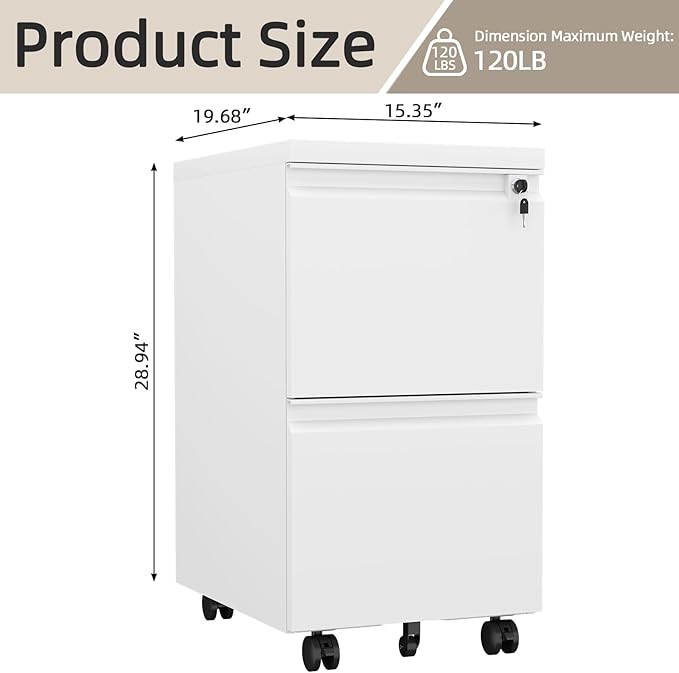 2 Drawer File Cabinet with Lock,Metal Filing Cabinet with Wheel,White Rolling File Cabinets,Moblie Under Desk Office Cabinets for Home Office,Fit A4/Letter/Legal