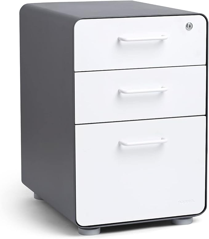 Poppin Stow 3-Drawer File Cabinet - Charcoal + White, 2 Utility Drawers and 1 Hanging File Drawer, Fully Painted Inside and Out, Powder-Coated Steel, Two Keys Included, Stationary