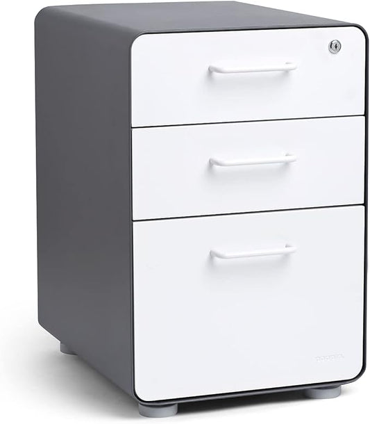 Poppin Stow 3-Drawer File Cabinet - Charcoal + White, 2 Utility Drawers and 1 Hanging File Drawer, Fully Painted Inside and Out, Powder-Coated Steel, Two Keys Included, Stationary