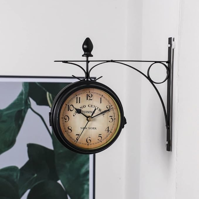 Clock for Bedroom Double Sided Wall Clock Retro Mute Clock Metal Iron Wall Mounted Home Decor Garden Coffee Bar Decoration Wall Clock Office Decor Wall Clock (A)