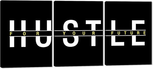 3 Piece Hustle Wall Art - Black Office Wall Decor Inspirational Quotes Poster Hustle For Your Future Painting Picture Inspiring Words Print Motivational Artwork for Home Study Room, Framed 12"x16"x3