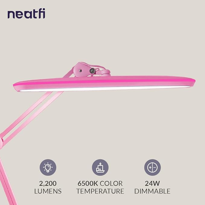Neatfi XL 2,200 Lumens 24W LED Desk Lamp – 23” Wide Shade | Dimmable Eye-Caring Task Light | Adjustable Arm | Home Office, Study, Crafts & Nail Tech (Pink, Non-CCT with Clamp)