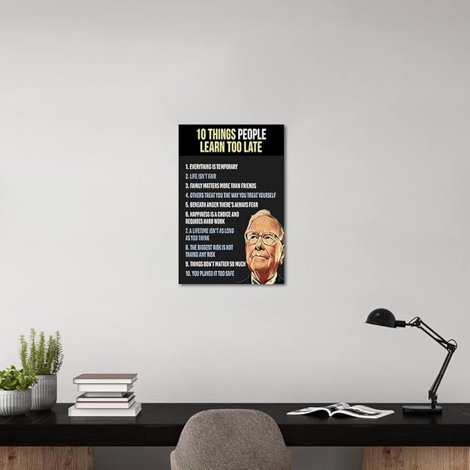 Warren Buffett Quotes Ten Things People Learn Too Late Motivational Framed Office Wall Art Poster and Print Inspirational Home Wall Decoration Pictures Framed Easy to Hang-12 Wx16 H