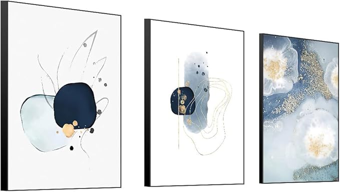 3 Framed Abstract Canvas Wall Art, Artwork in Blue, White and Grey, Simple and Elegant for Living Room Bedroom Office Decor 16" x 24" x 3 Pieces