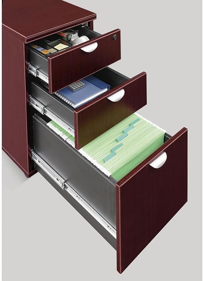 NBF Esquire 16" W Office Files Pedestal Cabinet - 3 Drawer File Cabinet with Lock - Mahogany Laminate Office Filing Cabinets - Modern Mobile File Cabinet Document Storage (22" D x 28" H, White)