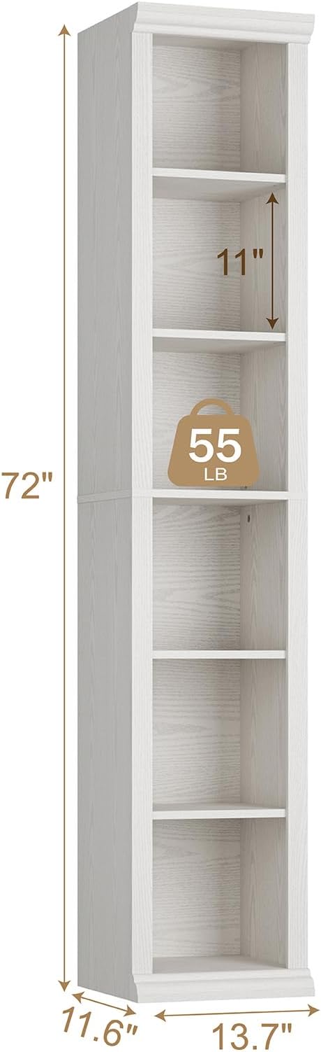 Rresyet Tall Narrow Bookcase, 6-Tier Bookshelf, Modern Open Display Storage Shelf for Living Room, Home Office, Bedroom, White