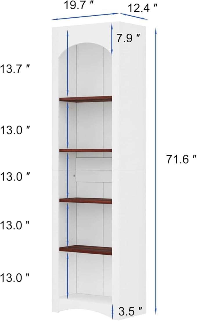 71.6" Tall Farmhouse Bookshelf, 5-Tier Narrow Bookcase & Storage Cabinet, Freestanding Kitchen Pantry Organizer with Adjustable Shelves for Living Room, Home Office, White
