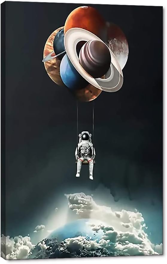 Universe Theme Canvas Wall Print Art Astronaut Holding Planetary Balloon Canvas Wall Framed Artwork Modern Home Decor Giclee Art Space Canvas Prints and Painting Ready to Hang - 44x28 inch