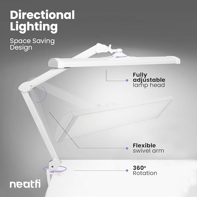 Neatfi Ultra 3,500 Lumens LED Desk Lamp – 45W, 26” Wide Metal Shade, 270 SMD LEDs, Shadow-Free | Adjustable Brightness | Non-Flickering Task Light for Nail, Craft & Office (Non-CCT with Clamp, White)