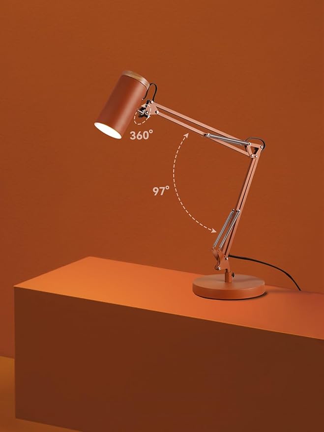 TORCHSTAR Tall Swing Arm Desk Lamp with Wooden Accent, Adjustable Large Size Max Height 31", E26 Base Metal Task Lamp, Office Desktop Lamp with On/Off Switch, for Reading, Study, Workbench, Orange