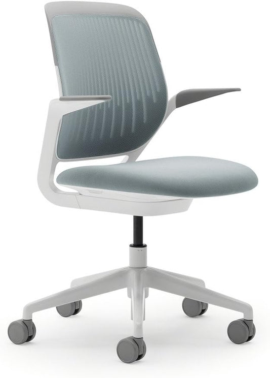 Steelcase Cobi Office Chair: Arms with Soft Arm Caps, White Frame, and Nickel Fabric with Standard Carpet Casters