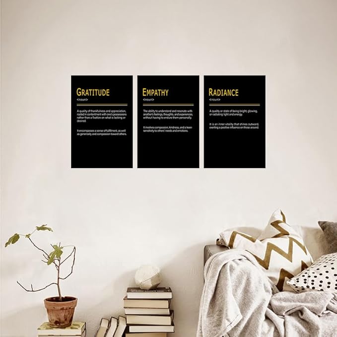 WYJDFART Inspirational Wall Decor GRATITUDE EMPATHY RADIANCE Noun A Positive Emotional Chain 3 Pieces Motivational Wall Art for Office Home Bedroom Workplace Framed Ready to Hang [48''Wx 24''H]