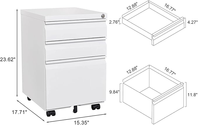 [Fully Assembled] 3-Drawer Lockable Mobile File Cabinet – Metal A4/Letter/Legal Size Storage for Home/Office, Pre-Assembled, Space-Saving Under-Desk Cabinet with Wheels (White)