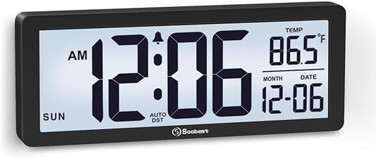 Soobest 8.5 Inch Digital Wall Clock Battery Operated with Backlight, Temperature, Date, Day & Auto DST, Black Slim Design for Elderly, Bedroom, Living Room, Office