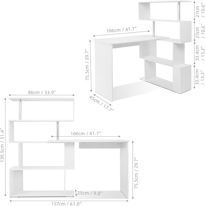 41.7" L Shaped Desk with 4-Tier Storage Shelves, Computer Corner Desk for Study Home Office Living Room (White)