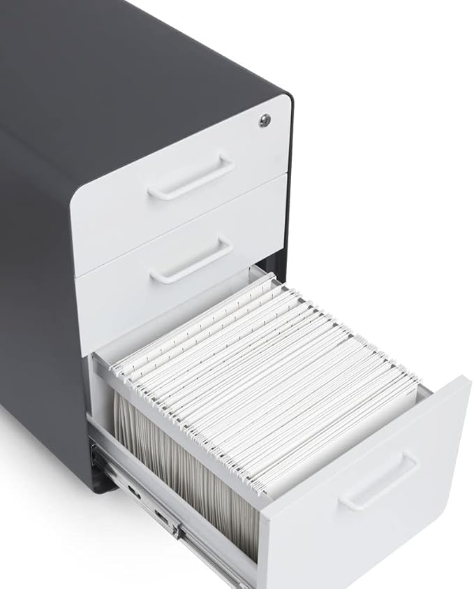Poppin Stow 3-Drawer Rolling File Cabinet - Charcoal & White. Utility and Hanging File Drawers. Locking and Non-Locking Wheels. Powder-Coated Steel. Two Keys Included
