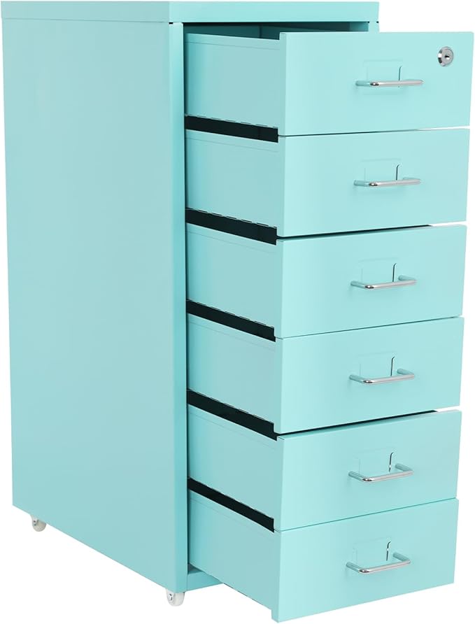 6 Drawer File Cabinet with Lock Vertical Filing Storage Cabinet Home Office Metal Vertical File Cabinets for Letter Legal A4 File Size, Assembly Required (Blue, 6 Drawer)