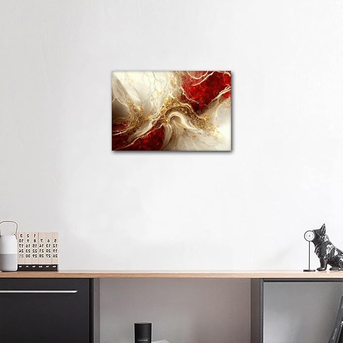 1 Panel Canvas Wall Art for Bedroom Decor - Abstract Marble Background Picture Red and Gold Colors Poster Print for Men Lady Living Room - Stretched Ready to Hang 18x12 in