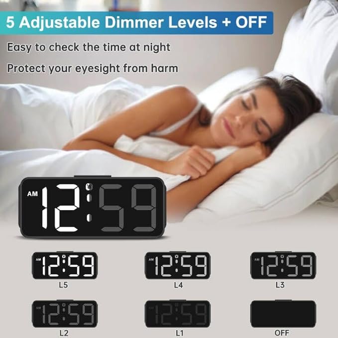 Peakeep Small Digital Alarm Clock Plug in for Bedrooms Bedside, Tiny Electric Clock Large Big Numbers Display Battery Backup for Desk Table, 6 Dimmers, 5 Adjustable Alarm Volume (White)