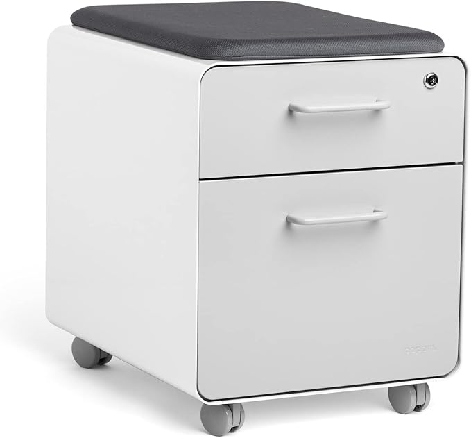 Poppin Mobile Mini Sittable Stow Rolling File Cabinet - White & Light Gray w Dark Gray Seat Cushion. Two Locking Drawers & One Key Lock. Two Keys Included. One Utility Drawer & One Hanging File Drawer
