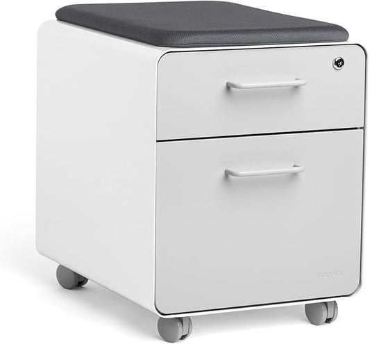 Poppin Mobile Mini Sittable Stow Rolling File Cabinet - White & Light Gray w Dark Gray Seat Cushion. Two Locking Drawers & One Key Lock. Two Keys Included. One Utility Drawer & One Hanging File Drawer