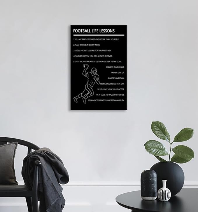 WYJDFART “Football Life Lessons” Wall Art Motivational Quotes Poster Inspirational Football Player Canvas Print for Home Boys Bedroom Gym Locker Room Decor Framed Ready to Hang [12" W X 18" H]