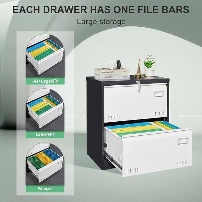 GREATMEET Lateral File Cabinet,Lateral File Cabinet 2 Drawer with Lock,Metal Lateral File Cabinets for Home Office,2 Drawer Lateral Filing Cabinet for Legal/Letter/A4/F4