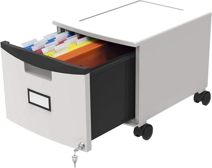 Storex Plastic One-Drawer File Cabinet – Locking Document Organizer with Casters for Home and Office, Gray, 1-Pack (61266A01C)