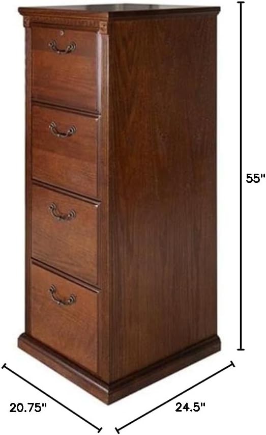 Pemberly Row Traditional 4-Drawer Wood Filing Cabinet Office Storage in Brown, Solid Wood, Sturdy and Durable, Office or Home Use, Secure Document Organization, Classic Design