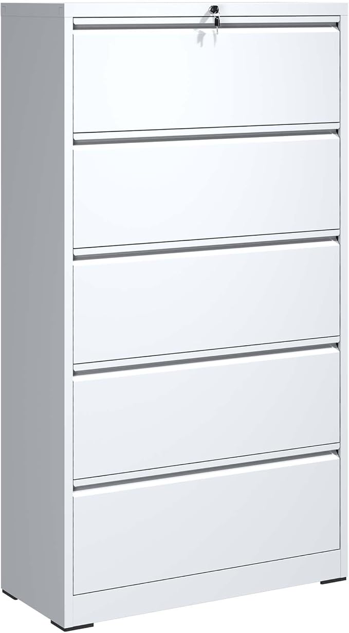 5 Drawer Vertical File Cabinet with Lock, Metal Lateral Filing Cabinet with Hanging Letter/Legal/A4 Folders, Locking Steel Cabinet for Home, Office, Assembly Required - White