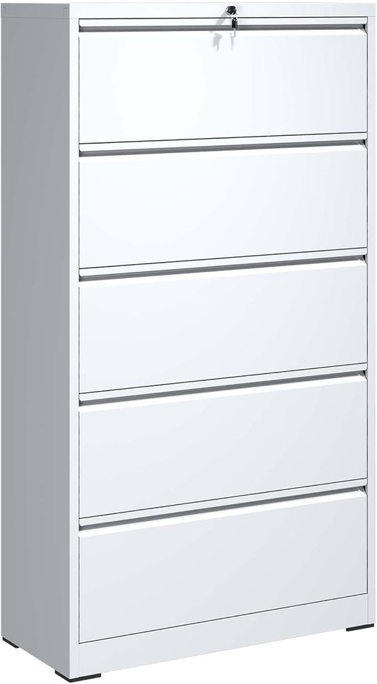 5 Drawer Vertical File Cabinet with Lock, Metal Lateral Filing Cabinet with Hanging Letter/Legal/A4 Folders, Locking Steel Cabinet for Home, Office, Assembly Required - White