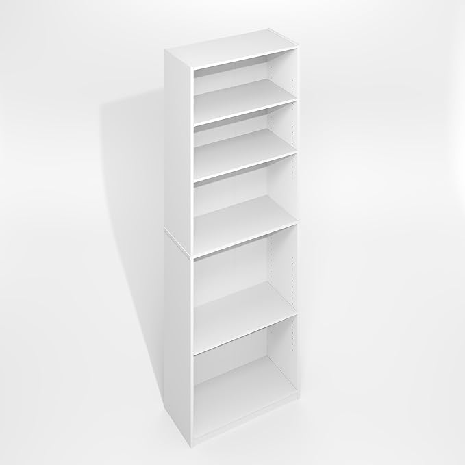 Furinno Jaya Simply Book Shelf, 5-Tier Bookshelf, Bookcase with Adjustable Shelves, 9.5 x 24.5 x 71.2, for Living Room, Bedroom, Home Office, Plain White