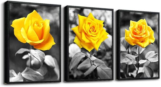 Black Framed Wall Art For Bedroom Living Room Wall Decor For Kitchen Office Decor Black And White Artwork Pictures Yellow Rose Flowers Print Frame Wall Painting Modern Room Home Decoration 3 Piece