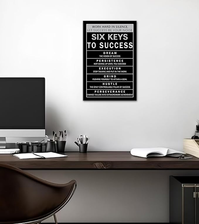 Six Keys to Success Canvas Wall Art, Motivational Wall Decor with Work Hard in Silence Quote, Inspirational Black & White Canvas Print for Home Office, Framed 12x16 inch