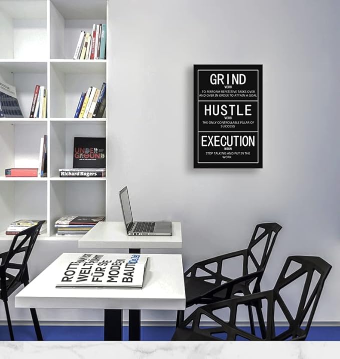 Motivational Canvas Office Wall Art Inspirational Entrepreneur Quotes Grind Verb Hustle Verb Execution Noun Poster Print Artwork Painting Wall Picture Home Office Framed Ready to Hang[24″W x 36″H]
