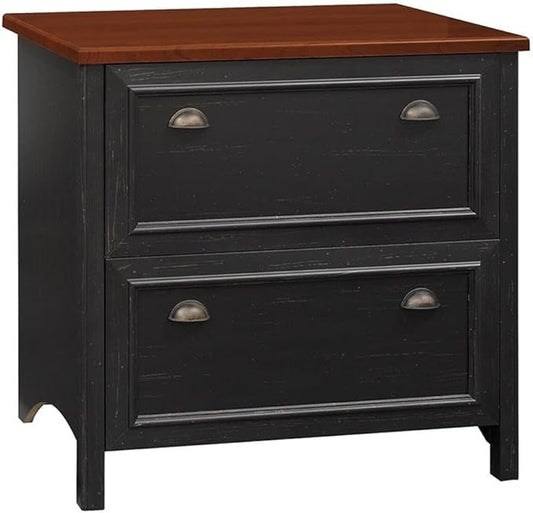Bush Home Fairview 2 Drawer Lateral File Cabinet in Antique Black/Hansen Cherry, Home Office Storage for Letter, Legal, and A4-Size Documents