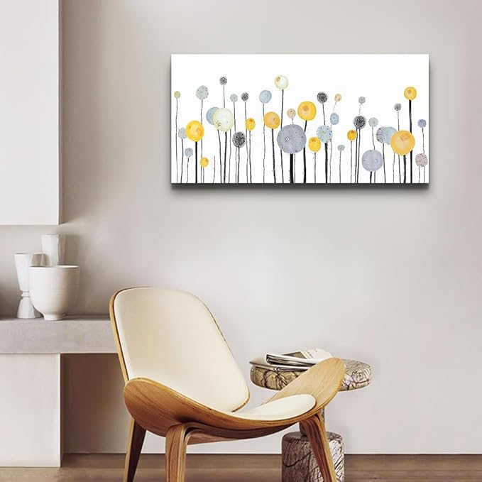 MHARTK66 Abstract Canvas Wall Art Dandelion Modern Minimalist Wall Decor – Neutral Yellow Gray Watercolor Paintings Stretched Ready to Hang Pictures for Living Room Bedroom Bathroom Home Office 30x60