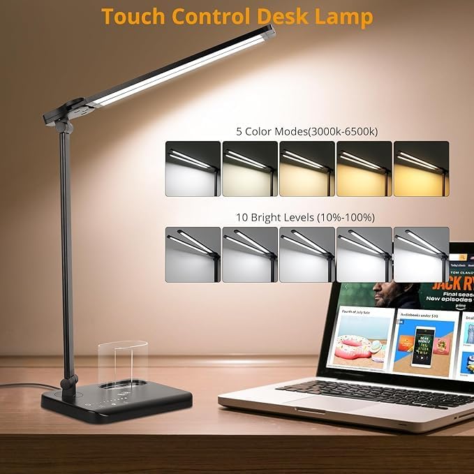 LED Desk Lamp with Dual Heads – 5 Colour Modes & 10 Brightness Levels, Adjustable Reading Light for Home Office, Bedroom, Study, and Craft (Black, Includes Adapter)