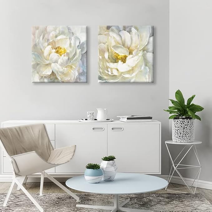 SEVEN WALL ARTS Peony Flower Canvas Wall Art Peonies Floral Pictures Set Abstract White and Yellow Blossom Paintings for Bedroom Living Room Home Office Decor 24"x24"x2pcs