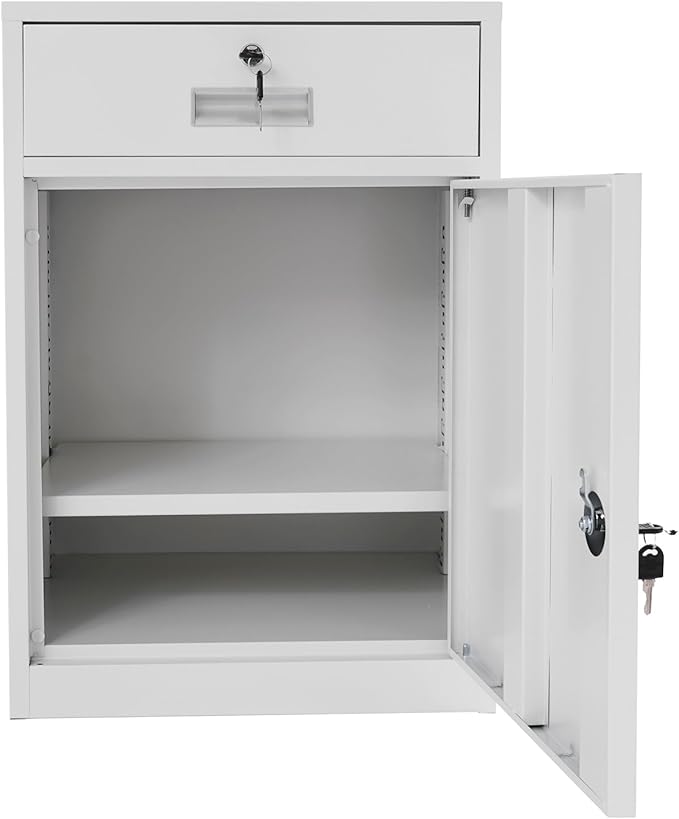 Metal Storage Cabinet with Lock, Under Desk Office Cabinet, Vertical File Cabinet, Printer Stand, Locking Filing Cabinet for Home Office, White