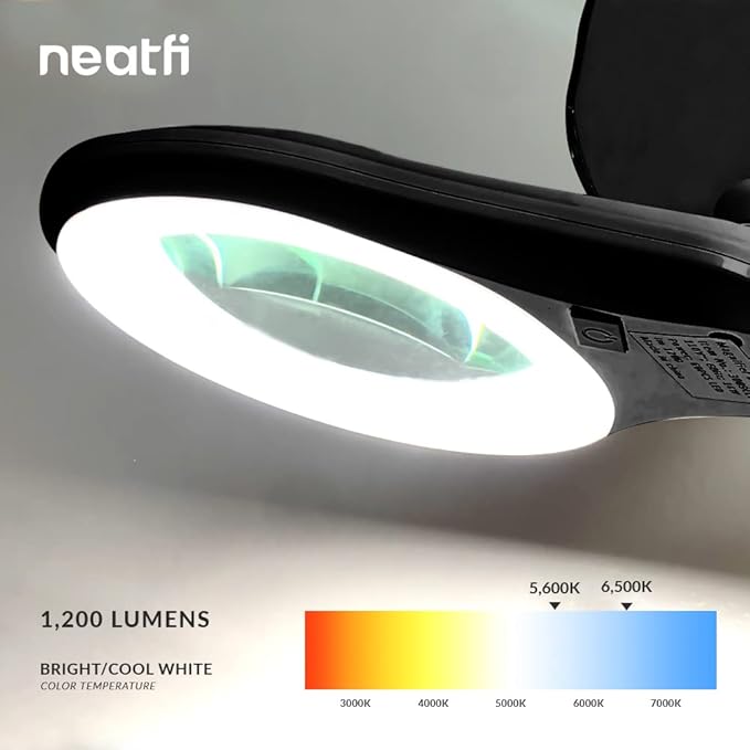 Neatfi LED Magnifying Lamp 1,200 Lumens with Clamp – 5” 8-Diopter Glass Lens, Dimmable Task Light | Adjustable Arm | Reading, Sewing & Crafting (Black, 8 Diopter)